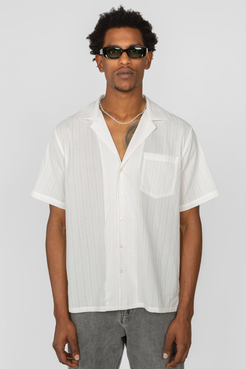 Resort Shirt - White Embroidered Stripe