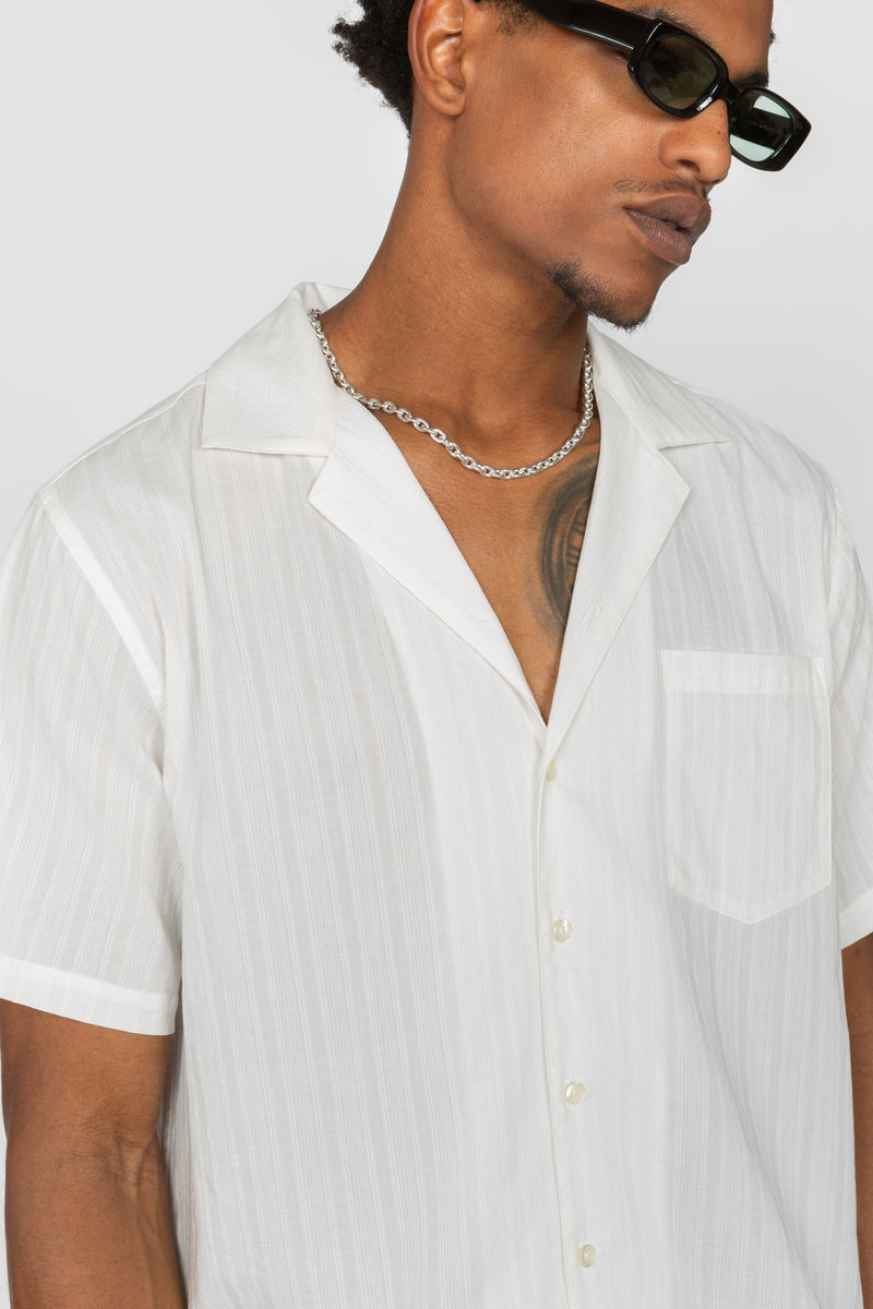 Resort Shirt - White Embroidered Stripe