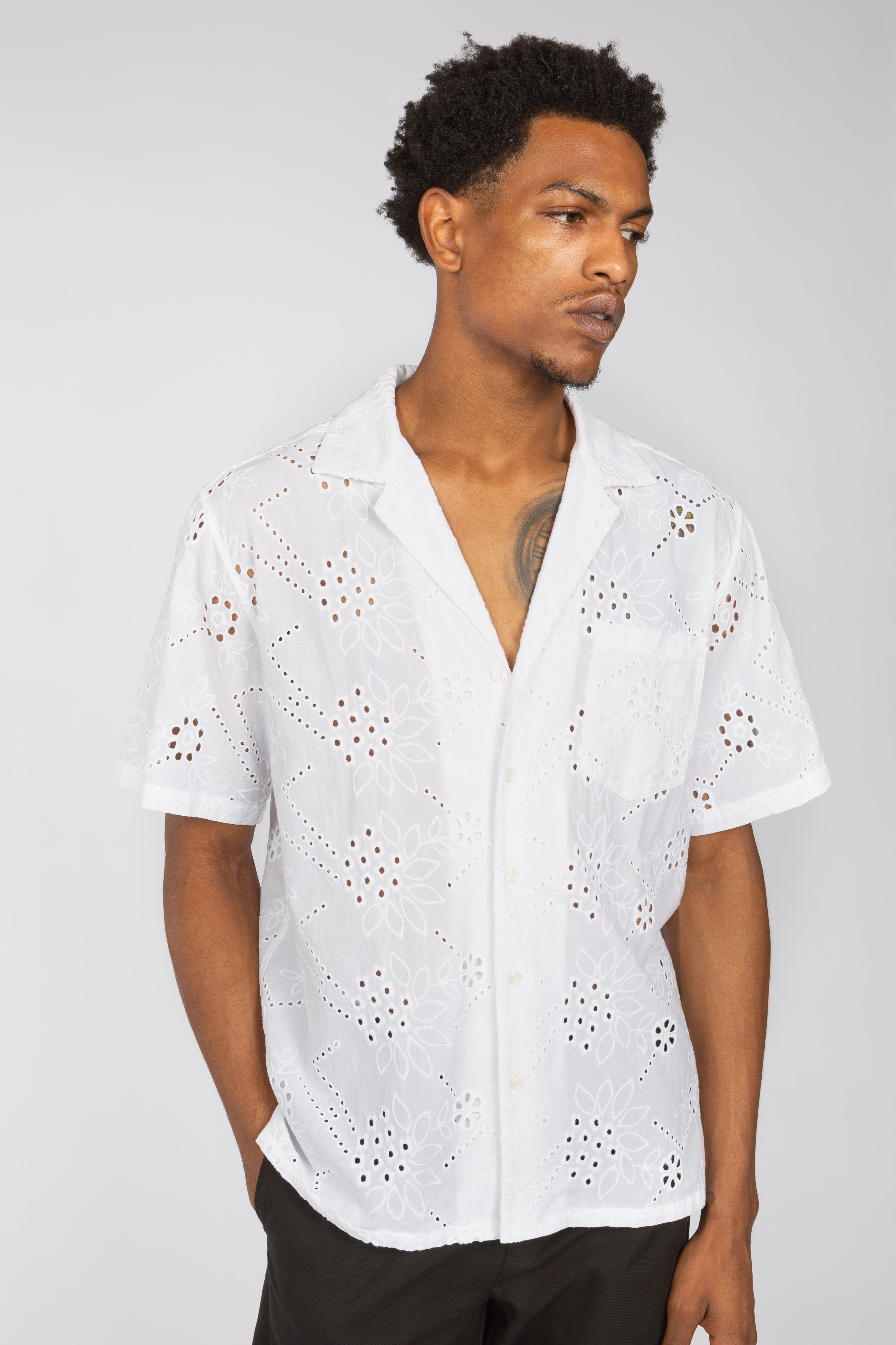 Resort Shirt - White Floral Broderie Anglaise – SHADES OF GREY BY